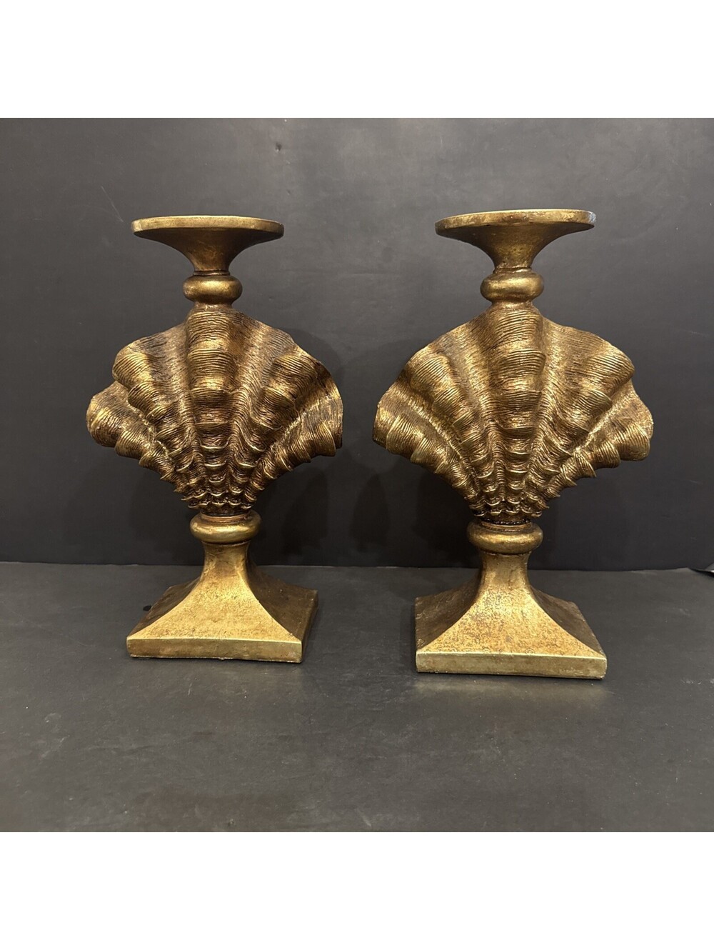 Pair of Seashell Wood Candle Holders Palm Beach Regency 12” H By 7.5” W